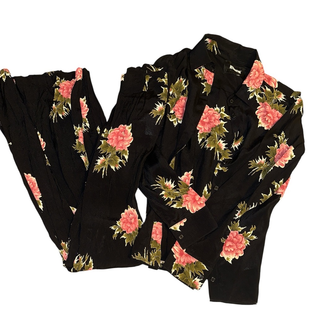 Reformation Two Piece Set Black & Pink Rose Print Button Down & Flare Pants
